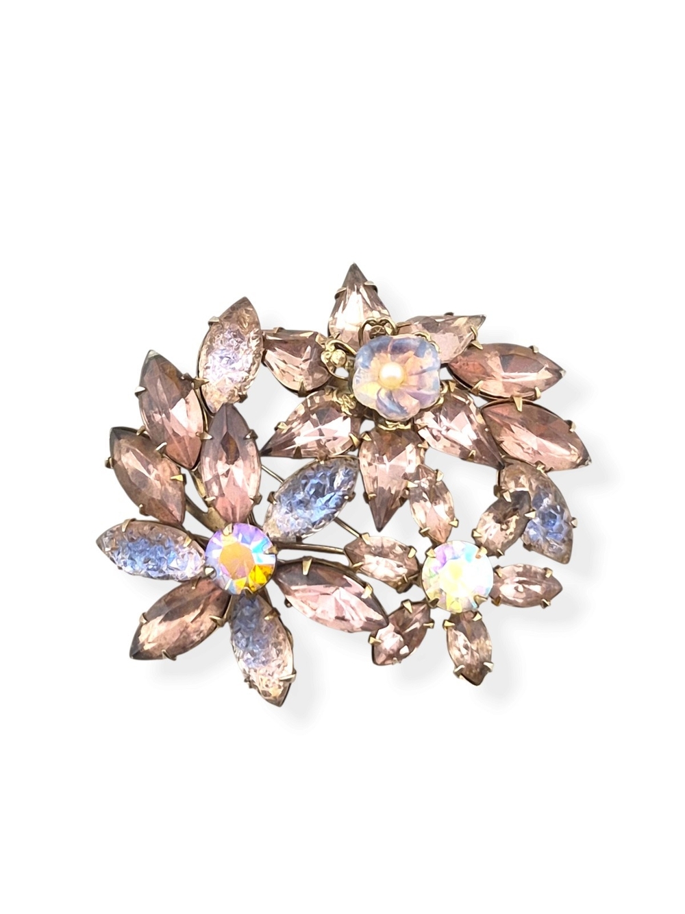 Pink Crystal Floral Statement Brooch with Iridescent Centers